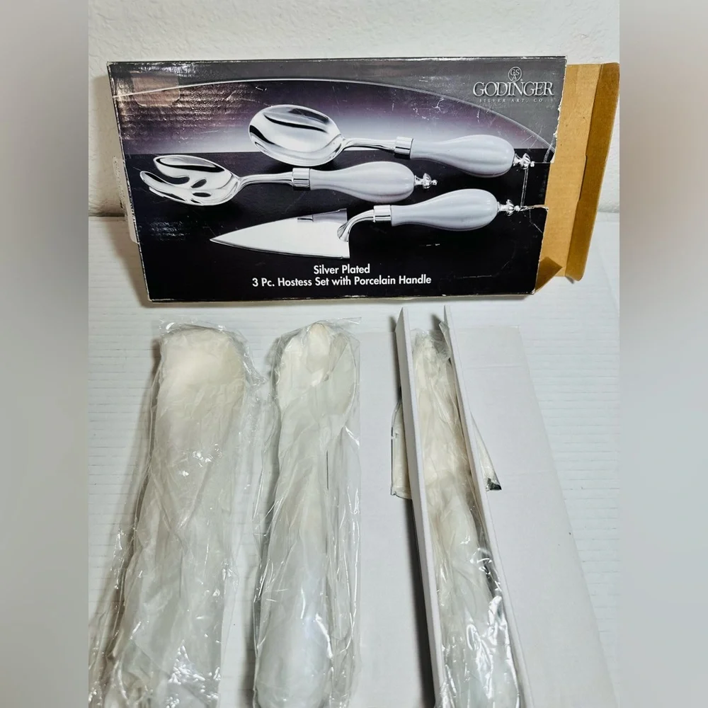Godinger Art Co. Silver Plated 3 Pc. Hostess Serving Set w/ Porcelain Handle New